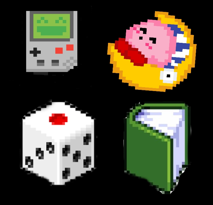 a-bit image of sleeping, videogames, dice, and book